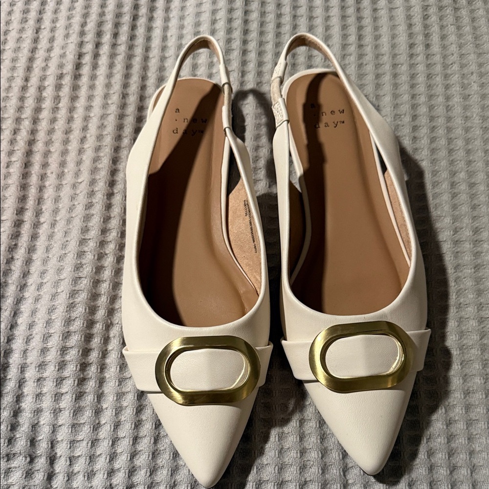 A New Day Cream Slingback Flats with Gold Buckle